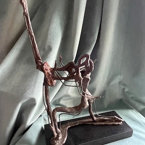 Vintage Mid Century Brutalist Abstract Copper & Bronze Ballet Dancers Art Sculpture on Granite Base