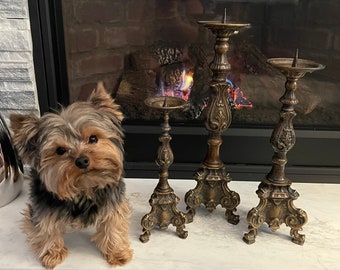 Vintage Arte Italica Bronze Candle Holders: Baroque Gothic Altar Trio