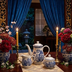 May include: A white porcelain tea set featuring a blue willow pattern, including a teapot, a creamer, and a lidded sugar bowl. The set is arranged on a table with two brass candlesticks holding lit candles and two vases filled with red flowers.