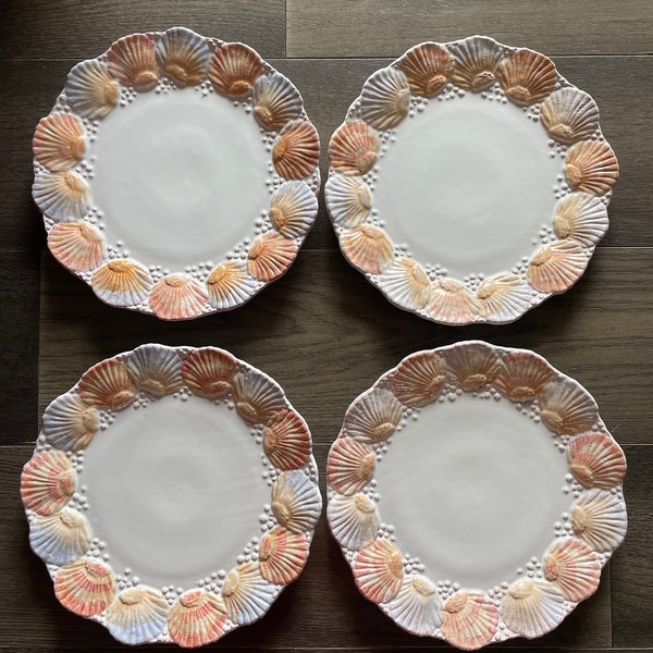 Vintage Majolica Portugal Coastal Scallop Shell Border Ceramic Pottery Dinner Plates Set of 4