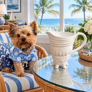 May include: A small brown and tan Yorkshire Terrier dog wearing a light blue short-sleeved shirt with a white floral pattern and dark blue shorts with a white anchor print, sitting next to a white ceramic pitcher with a textured shell-like design.