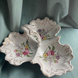 Vintage Porcelain Victorian Style 3 Section Handled Large Floral Serving Dish 12 Inch