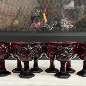 Vintage Avon Cape Cod Ruby Red Pressed Glass Wine Glasses - Set of 8