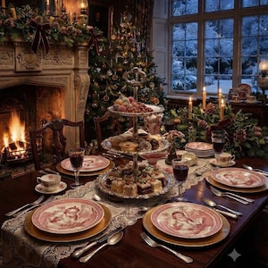May include: A dining table set for a holiday meal featuring a three-tiered silver serving stand filled with small cakes and pastries, surrounded by plates with Santa Claus illustrations, wine glasses, silverware, and a lace runner.
