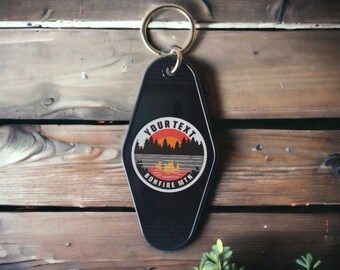 Custom Retro Hotel Keychain, Sunset Lake Scene