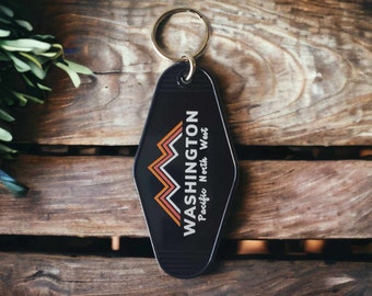 Custom Retro Hotel Keychain, Mountain Scene