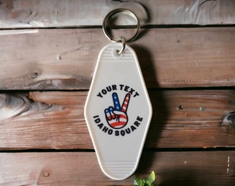 Custom Retro Hotel Keychain, Patriotic Peace Hand