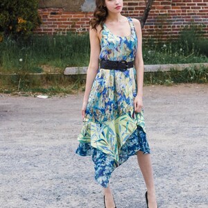 Watercolour Print Silk Shiftdress with Asymmetric Ruffle Hem