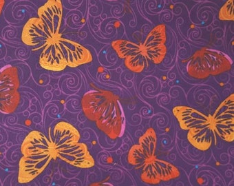 Bold purple burnt orange pink red gold butterfly butterflies insects quilting fabric 100% cotton.   Priced by 1/2 yard, cut on order.
