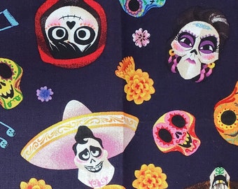May include: A colorful fabric with a repeating pattern of characters from the movie Coco. The characters include Miguel, Hector, and Mama Imelda. The fabric also features sugar skulls, marigolds, and musical notes.