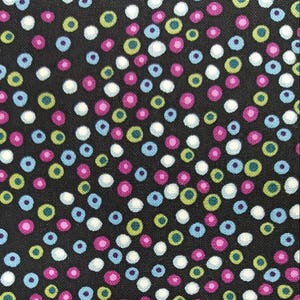 100% cotton Quilting fabric. PRICED by the 1/2 yard & cut on order. Dots dot and more dots Black with purple blue green pink Small print image 1
