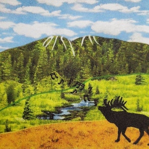 May include: A silhouette of an elk with large antlers stands in a field with a stream and mountains in the background. The sky is blue with white clouds. Musical notes are floating in the air.