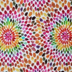 May include: Abstract watercolor painting with two circular patterns of colorful dots. The dots are arranged in a radial pattern, creating a sense of movement and energy. The colors are bright and vibrant, and the overall effect is cheerful and optimistic.