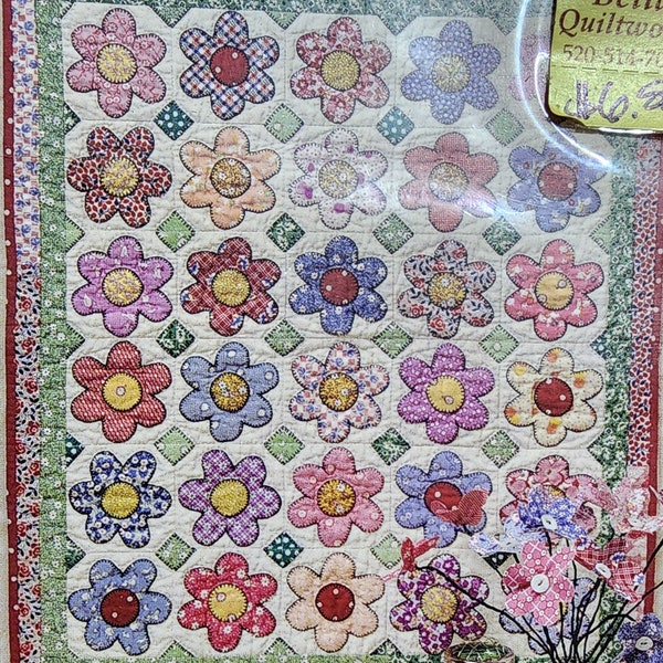 New uncut pattern by Renee Plains, Liberty Star Bloom. 22”x26” wall or doll quilt. Vintage flowers. Great for flower sack fabrics.