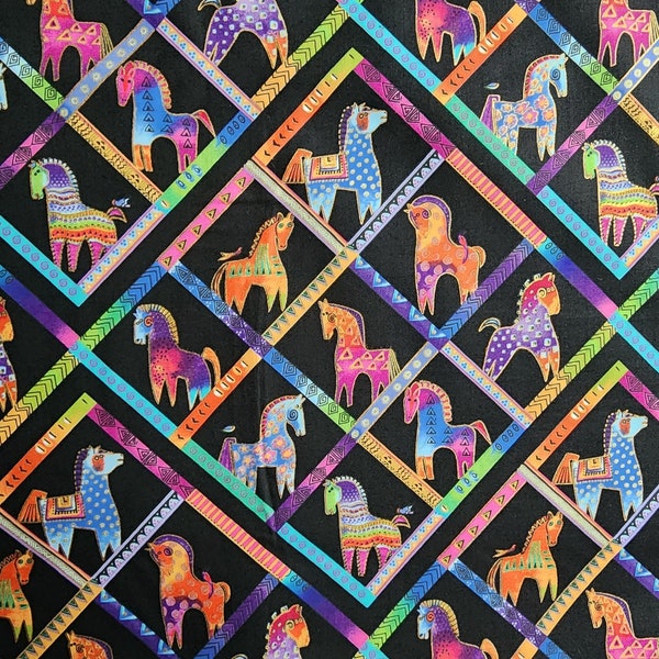 100% cotton Quilting fabric PRICED by the 1/2 yard cut on order. Laurel Burch Fiesta horses horse pony on black background