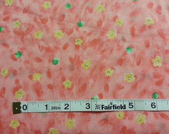 May include: Pink fabric with a repeating pattern of yellow flowers and green leaves. A measuring tape reads "36in" and "Fairfield".