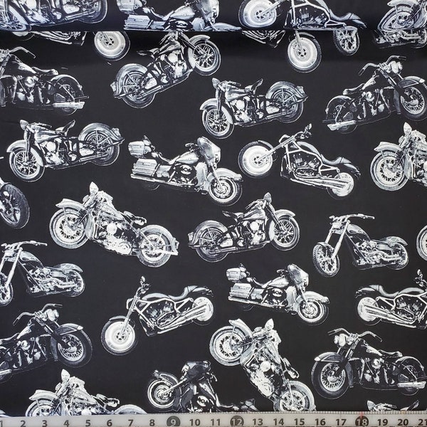 Biker packed b&w bikes Motorcycle HD Harley Davidson  V twin Honda Yamaha Suzuki Cruiser 100% cotton quilting fabric PRICED by the 1/2 yard.