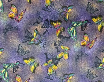 May include: Purple fabric with a repeating pattern of colorful butterflies. The butterflies are in various shades of yellow, blue, green, and purple.