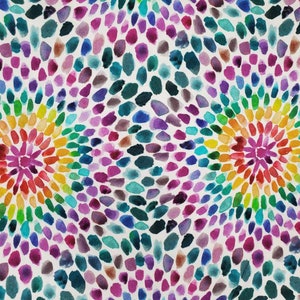 May include: A white background with a colorful pattern of small, teardrop-shaped dots. The dots are arranged in a circular pattern, creating a rainbow effect.