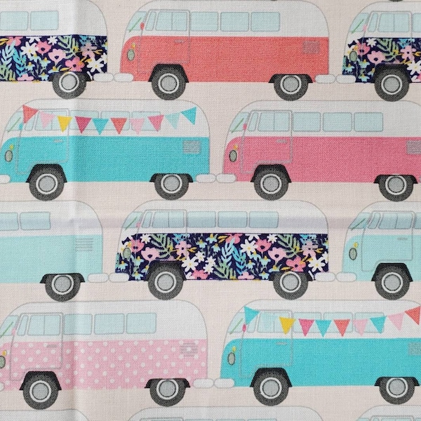 Colorful VW bus buses on cream background. Good Vibes, hippie dippy, fun camper. Pre-cut FAT quarter (1) 100% cotton fabric.