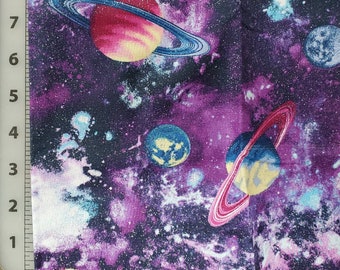 Pre-cut, PLEASE read description. 100% quilting cotton. Priced by 1/2 yard.  Planet planets Pluto moon  space purple blue, silver glitter