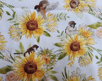Pre-cut, PLEASE read description. 100% cotton Quilting fabric. PRICED by the 1/2 yard. Birds, sparrows, sunflowers flowers packed on wh