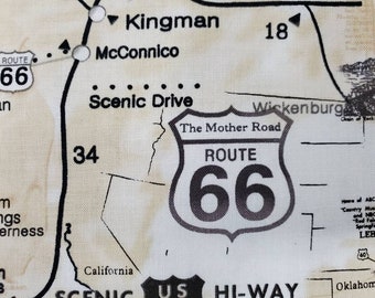 100% cotton Quilting fabric. PRICED by the 1/2 yard cut on order Motorcycle biker Harley-Davidson HD Honda V-twin road map cream black Rt 66