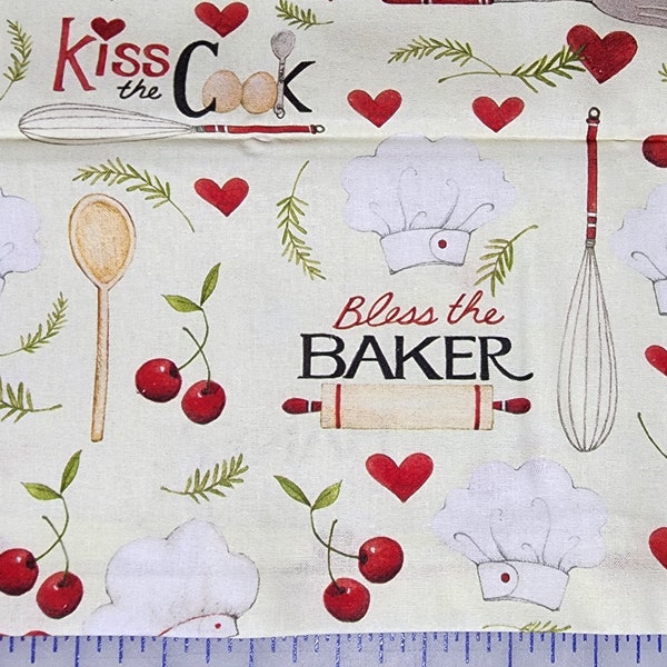 Pre-cut 1/2 (half) yard piece.  100% cotton Quilting fabric Vintage styling 18"x44". Cream kitchen cherries hearts utensils.  Kiss the cook