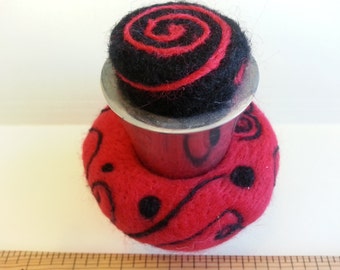 Hand needle felted wool pincushion, Red / Black (2 pinchushions in 1) in a heavy silver tone base, decoration, hat pin holder