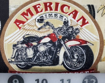 Biker ads  Motorcycle HD Harley Davidson hog V twin Honda Honda Yamaha Cruiser 100% cotton quilting fabric. PRICED by 1/2 yard cut on order