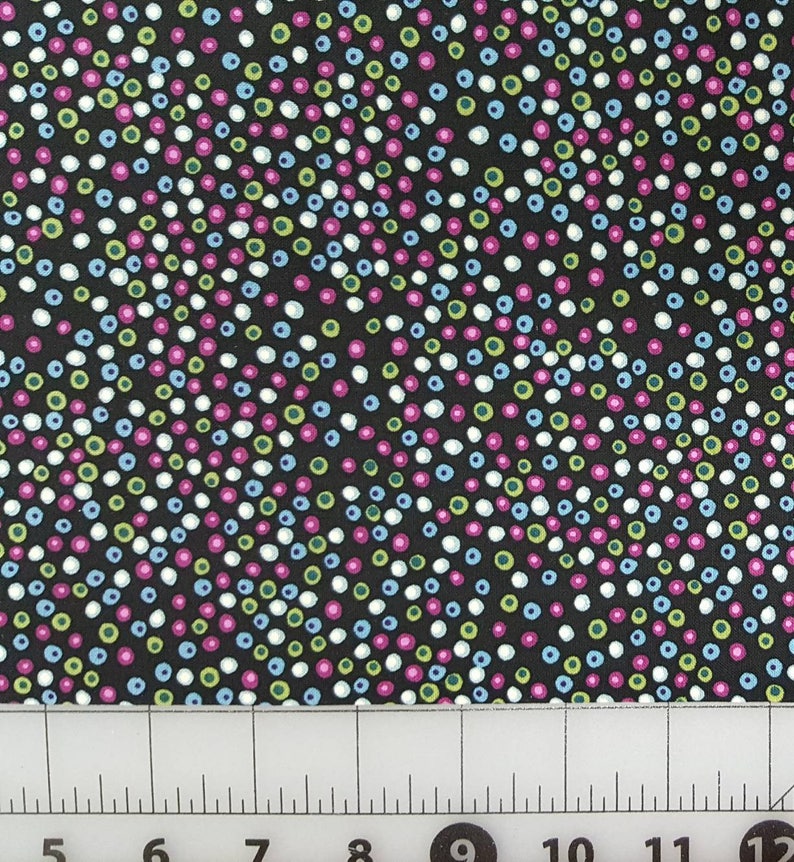 100% cotton Quilting fabric. PRICED by the 1/2 yard & cut on order. Dots dot and more dots Black with purple blue green pink Small print image 2