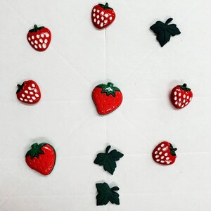 Strawberry strawberries leaf leaves. Wonderful detail. 3 different style buttons per pack. Fun shank button. Aprox. 3/4&quot; tall. So cute