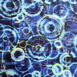 100% quilting cotton fabric, Hoffman.   PRICED by the 1/2 yard. Interesting black blue green neon look futuristic computer circle graphics
