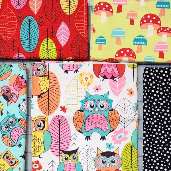 100% cotton fabric fat 1/4 quarter pack bundle. Cute bright owl owls and coordinating designs. 5 FQ's, 1.25 yards total.