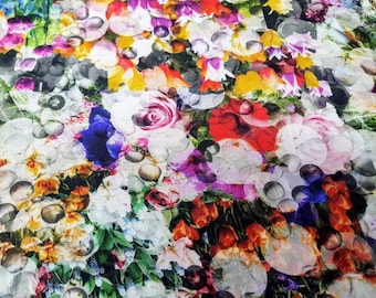 Hoffman meadow all purpose flower. Packed floral, water drops  Bolt end 1 yard and 14" x 44". 100% cotton quilting fabric.