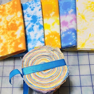 100% cotton fabric fat 1/4 quarter  pack and matching jelly roll bundle. 5 FQ&#39;s & 15, 2.5&quot; strips (3 strips of 5 colors) tye dye look.