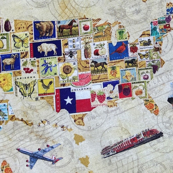 Travel vintage map, USA map of states. Train plane ship ocean cruise. Pre-cut FAT quarter (1) 100% cotton fabric.