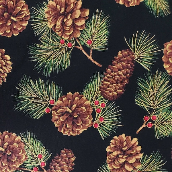 100% quilting cotton fabric, Hoffman.   PRICED by the 1/2 yard. Deep black background with gold metallic outlined pine cones and red berries