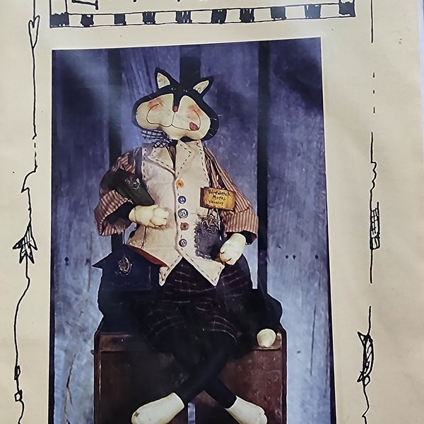 New uncut pattern by Emily’s Porch 1999.  Birdwatch Motel 26” cat. Soft sculpture cloth doll.