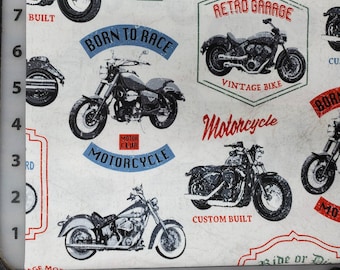 100% cotton Quilting fabric. PRICED by the 1/2 yard cut on order white bikes Motorcycle biker Harley-Davidson HD Honda V-twin. Biker rider