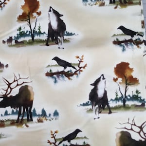 100% cotton Quilting fabric, PRICED by the 1/2 yard. Outdoors  elk, wild raven, wolf, black bird, quilt backing. Hunting camping woods