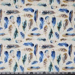 feather feathers tossed on cream background. Realistic look, priced by the 1/2 yd. Cut upon order. 100% cotton Quilting fabric