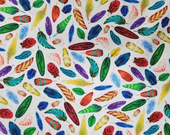 Multi color feather feathers tossed all over on white background. quilting fabric 100% cotton.   Priced by 1/2 yard, cut on order.