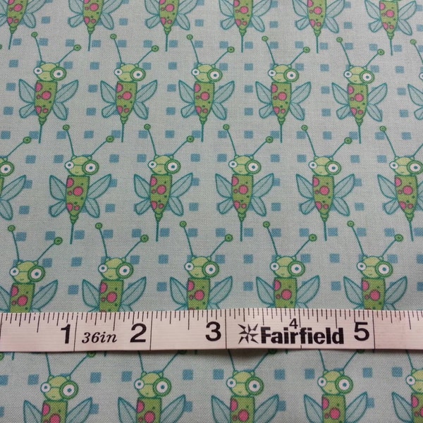 100% cotton Quilting fabric PRICED by the 1/2 yard cut on order.  Fun funky cute happy blue green BUGS wings.  Directional, baby steam punk