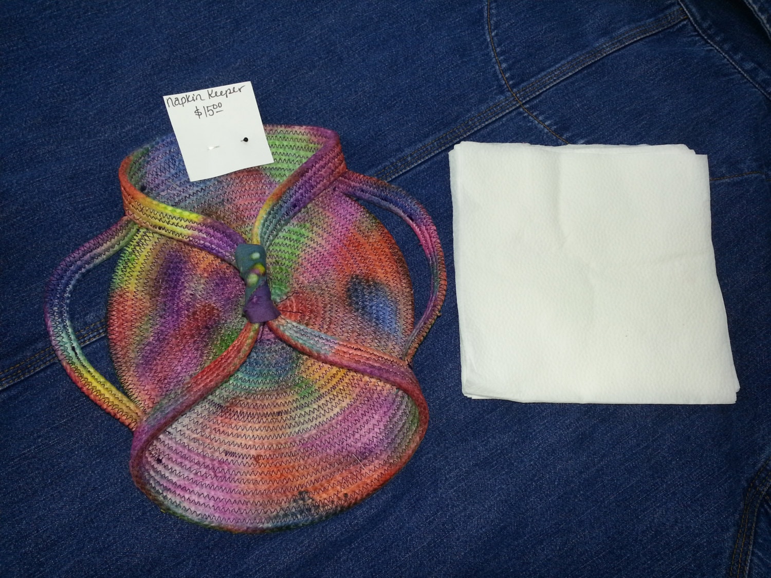 Rope Fabric Bowl Napkin Holder Hand Dyed, Tie Dye, Multi Color Handmade, Ooak, Kitchen Gift Coiled Dish Picnic Camping Glamping Hiking