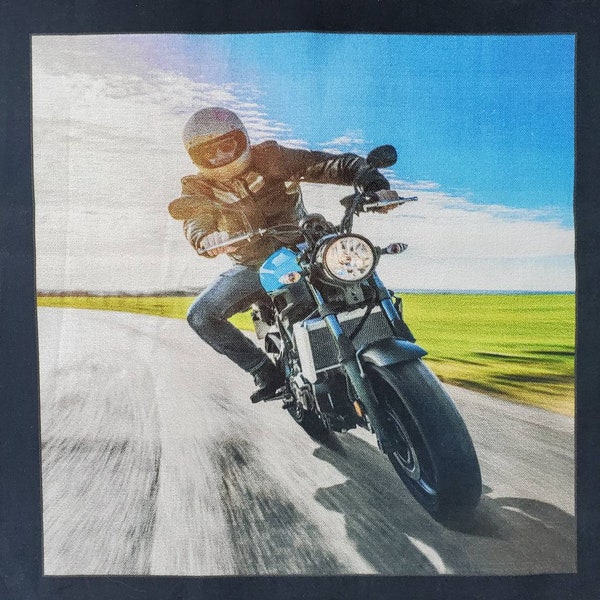 100% cotton Quilting fabric panel, 24"x44" Motorcycle Street tour bikes BMW Ducati Suzuki Honda Yamaha Kawasaki. 15,  7" squares on black.