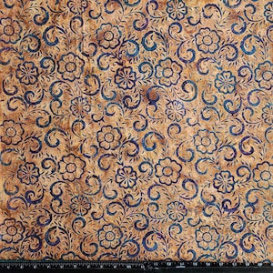 May include: A fabric with a repeating floral pattern. The design features blue flowers and swirling vines on a tan background. The fabric has a batik-like appearance, with variations in color and texture.