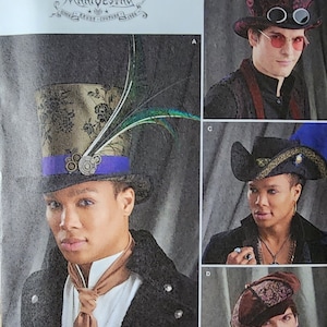 May include: A Simplicity sewing pattern for four different hats. The hats are a tall top hat with a feather, a top hat with goggles, a wide-brimmed hat with a gold trim, and a flat cap. The pattern is for sizes S-L.