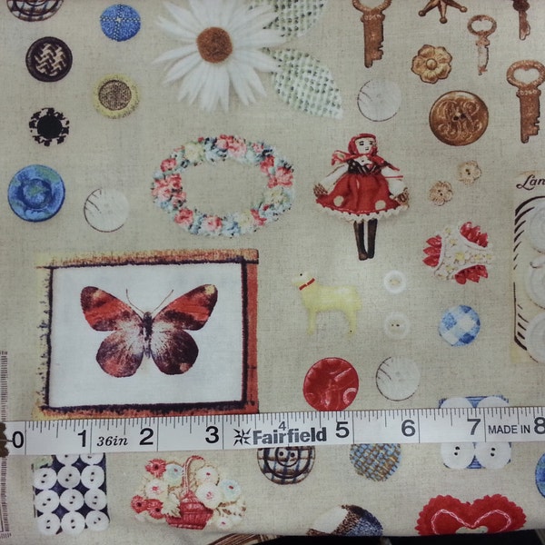 100% cotton Quilting fabric. (1) pre-cut FAT quarter, vintage lace buttons doll dolls butterfly key daisy heart