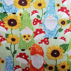 Pre-cut, PLEASE read description. 100% cotton Quilting fabric. PRICED by 1/2 yard.  Fun gnomes, mushrooms, sunflowers packed on pale green.